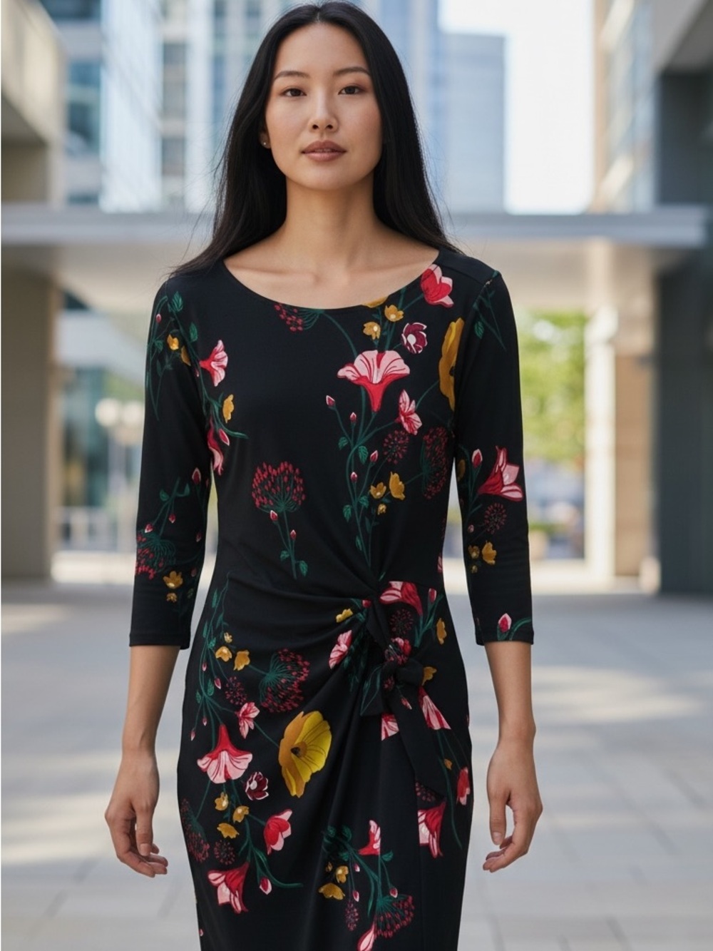 Ann Taylor - MP Black Floral Knot-Front Sheath Dress - Women